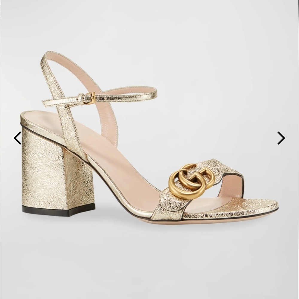 $920 Gucci Marmont GG Metallic Gold Leather Block Heel  Sandals EU 41.5 US 11.5 - Picture 2 of 12
